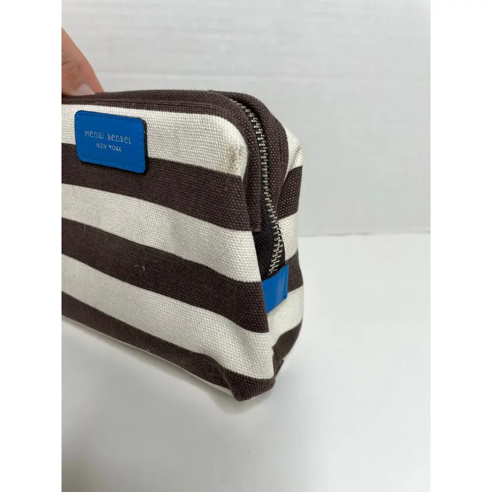 Henri Bendel Cosmetic Bag Brown White Stripe Blue Strap